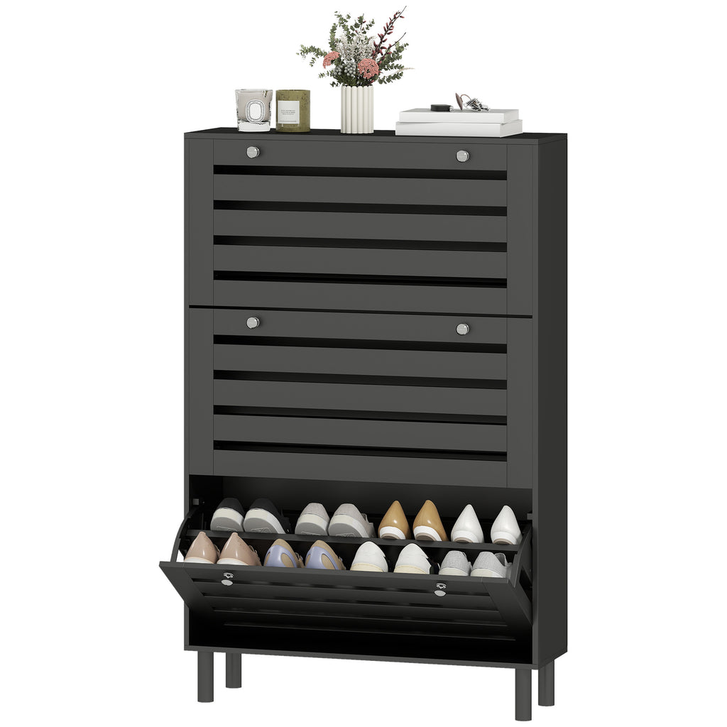 Narrow Shoe Storage Cabinet, 3 Flip Drawers, Adjustable Shelves, 18-24 Pairs Capacity, White