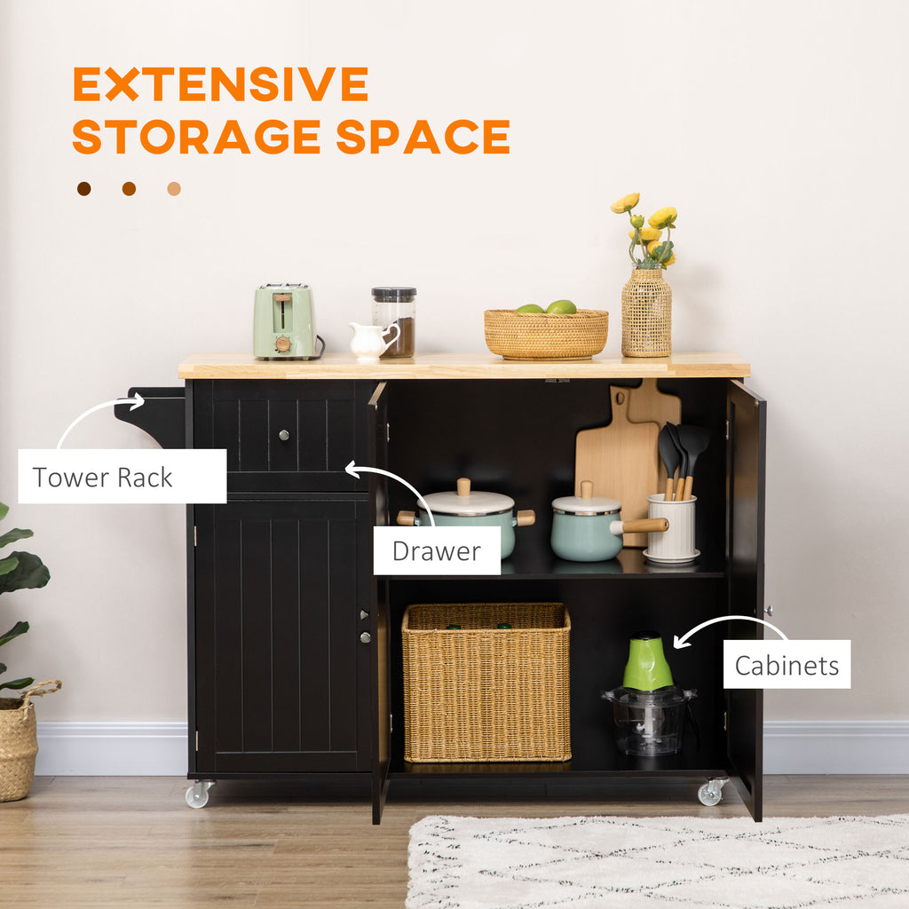 Rolling Kitchen Island with Storage, Utility Kitchen Island Cart with Drawer, Cabinets, Towel Rack and Rubber Wood Top