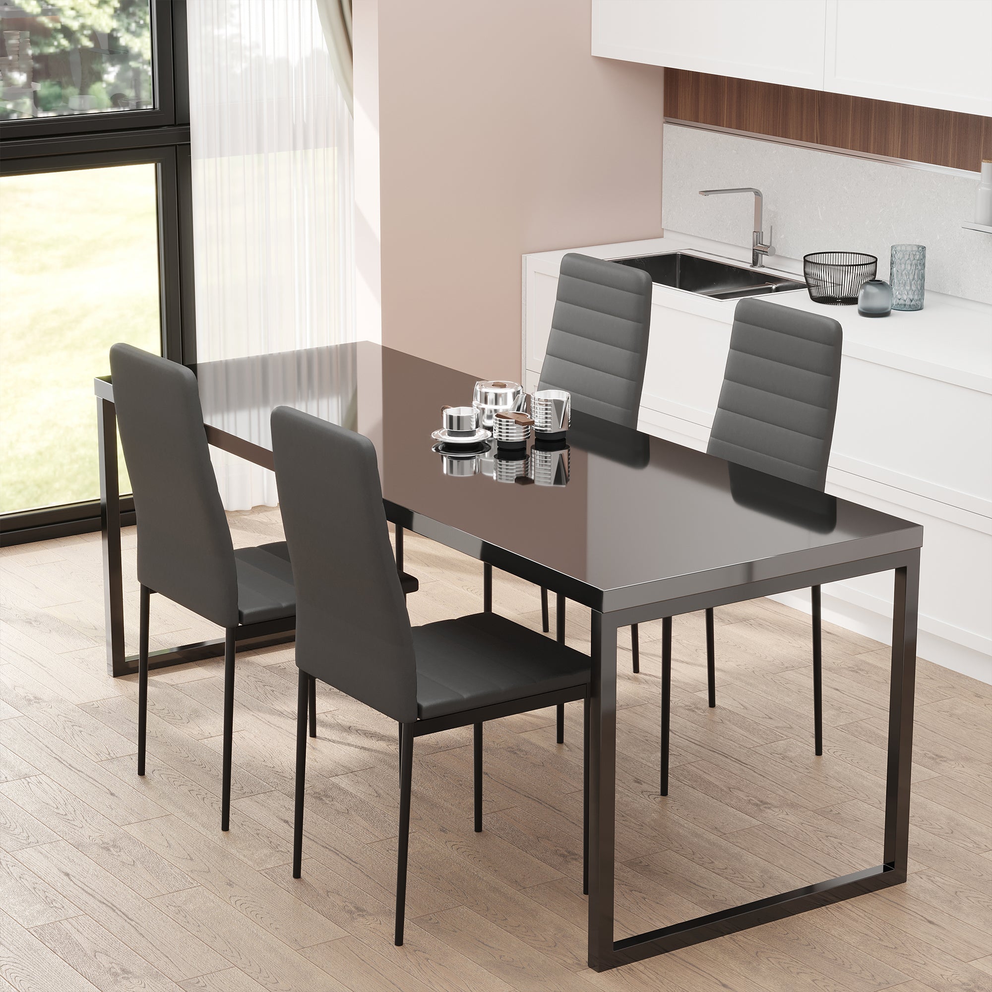 Modern Dining Chairs High Back Upholstered Linen Fabric with Metal Legs for Kitchen Black