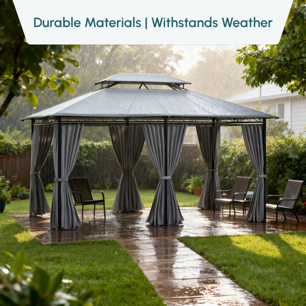 10' x 13' Patio Gazebo, 2-Tiers Outdoor Canopy Sunshade Shelter with Curtains, Dark Grey