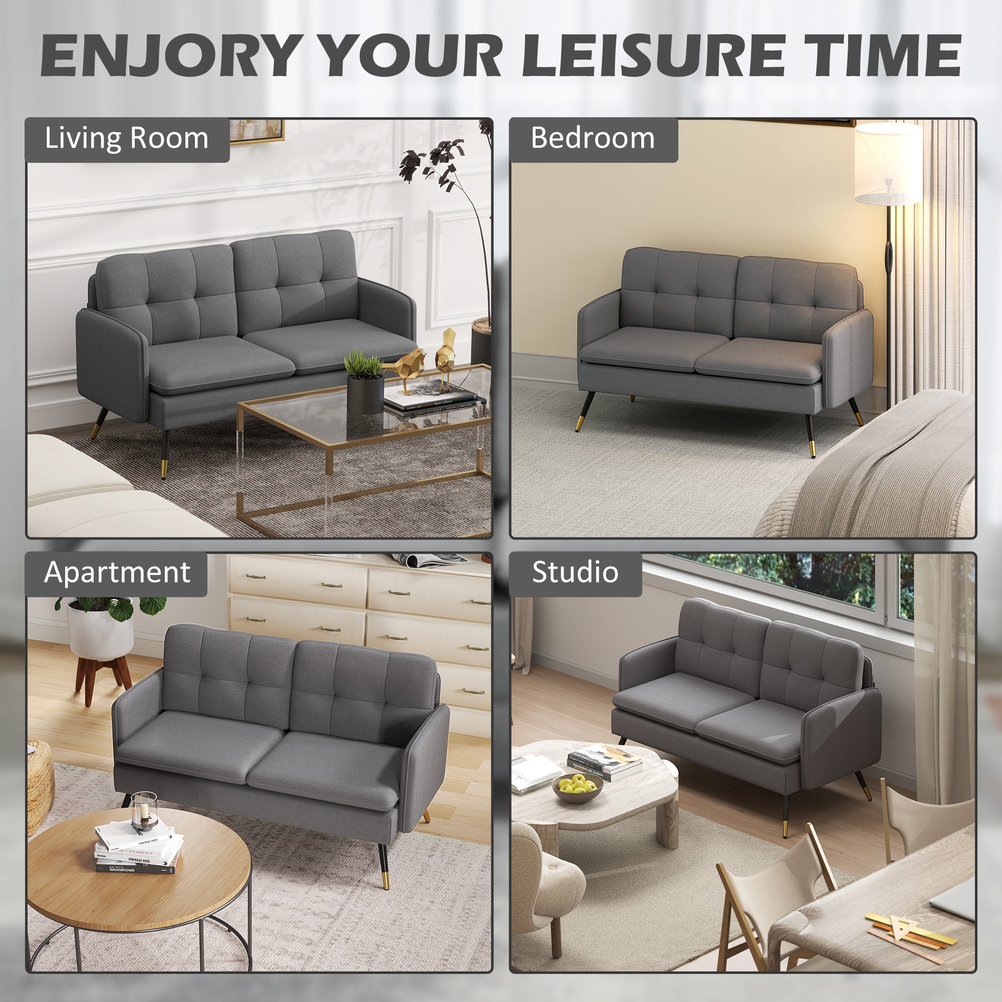55" Loveseat Sofa, Linen Love Seat w/ S spring, Steel Legs and Button Tufting, Small Couch for Living Room, Dark Blue