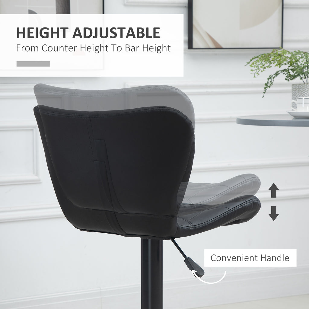 Bar Stools Set of 2, Adjustable Height Swivel Bar Chairs, PU Leather Upholstered Kitchen Counter Stools with Wide Seat, Back and Footrest, Black