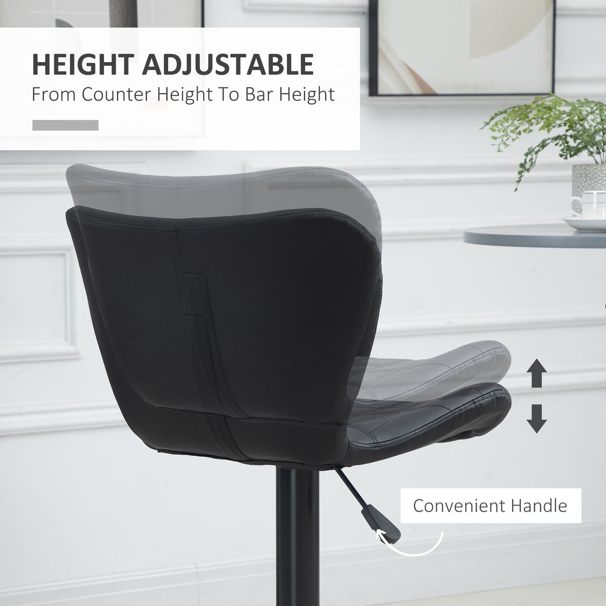 Bar Stools Set of 2, Adjustable Height Swivel Bar Chairs, PU Leather Upholstered Kitchen Counter Stools with Wide Seat, Back and Footrest, Black