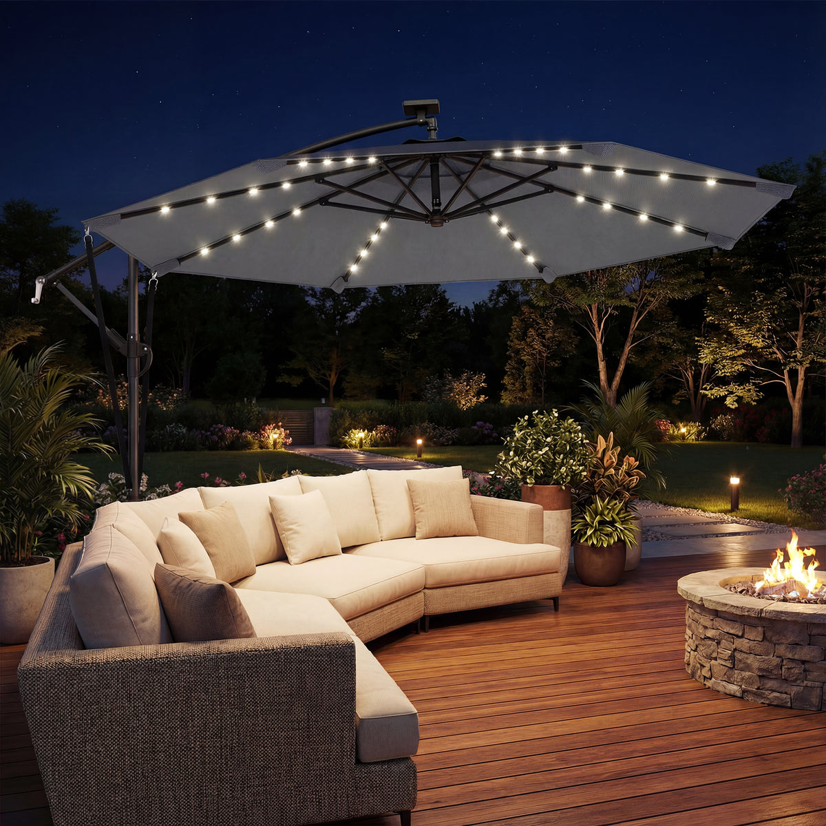 9.7ft Solar LED Cantilever Patio Umbrella with 32 LED Lights, Cross Base, Crank Handle, for Poolside, Deck, Dark Grey