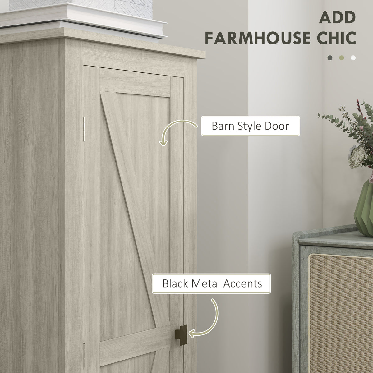 48" Kitchen Pantry Storage Cabinet w/ Barn Door, Kitchen Pantry Cabinet w/ Adjustable Shelves, Grey Wood Grain