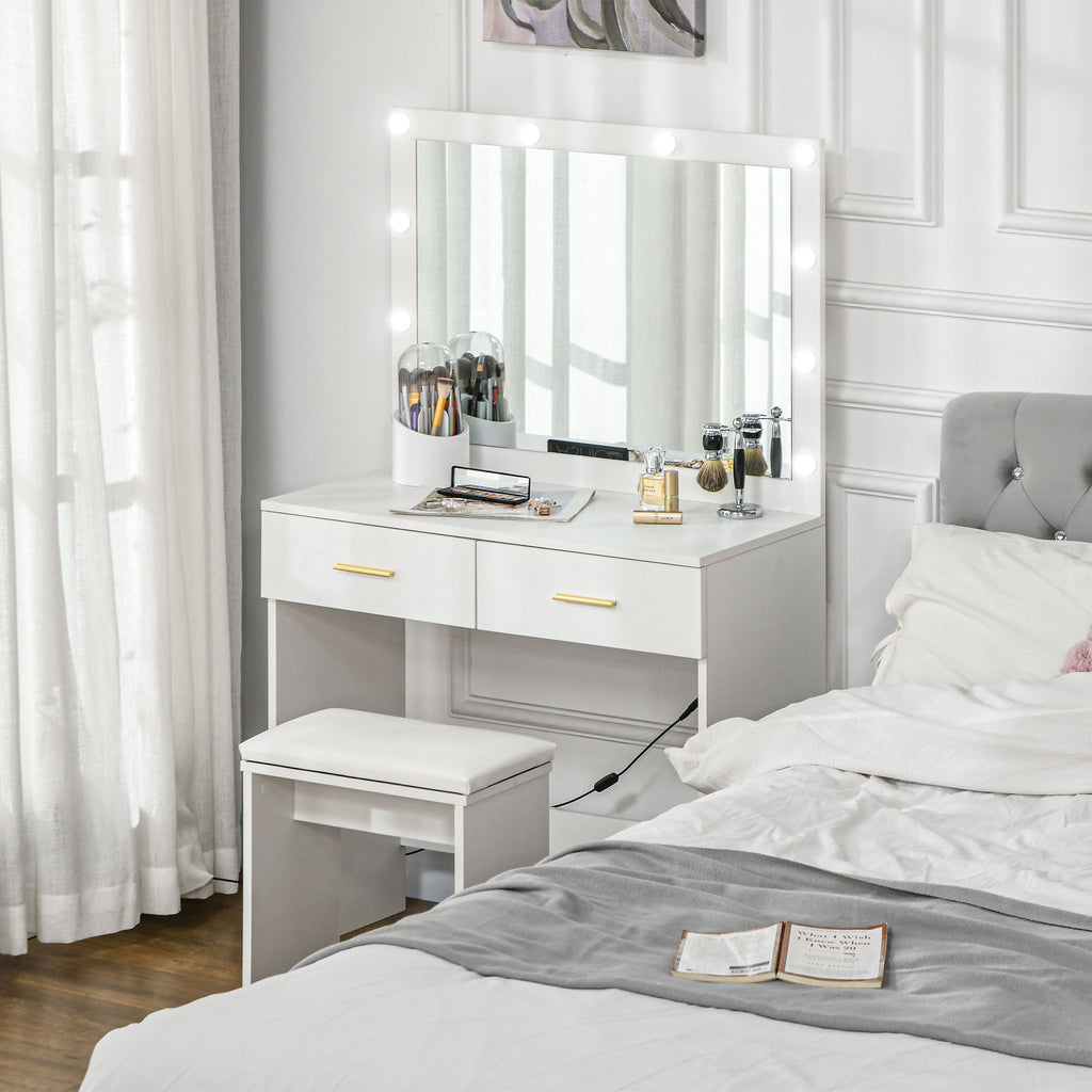Makeup Vanity Desk Set with Stool, Dressing Table with LED Lighting Mirror, Drawers, for Bedroom, White