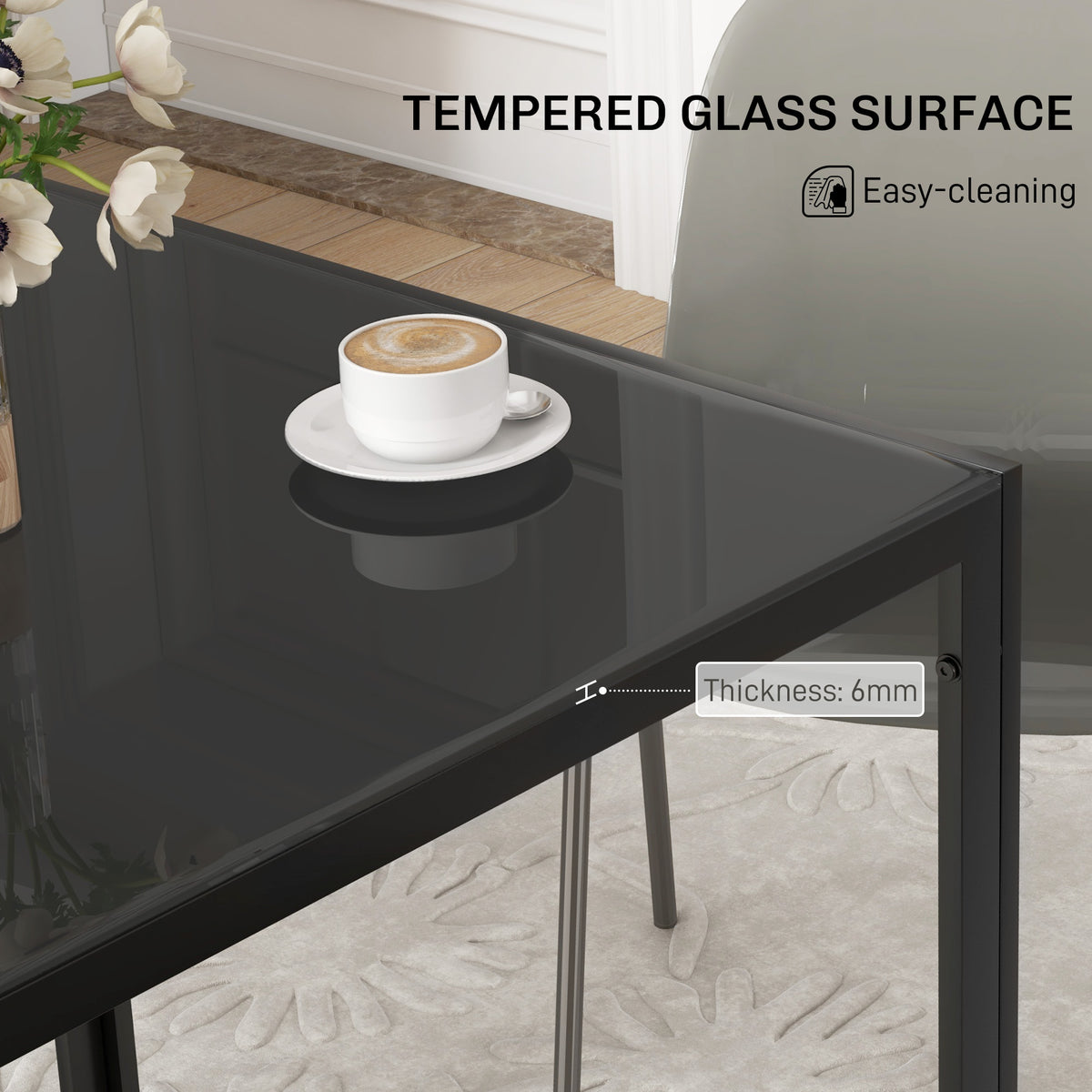 Square Kitchen Table for 2-4 People, Dining Table with Glass Top and Steel Legs for Dining Room, Black