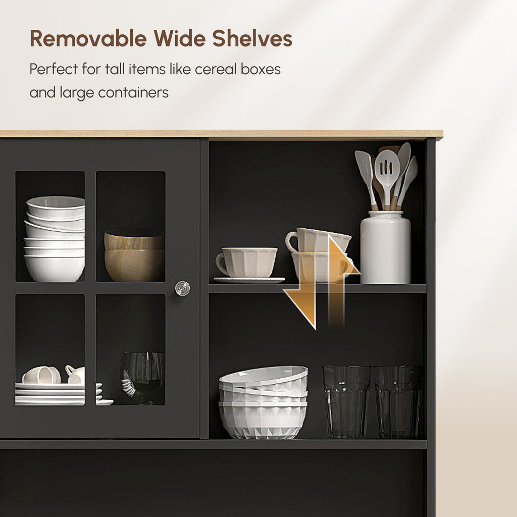 Kitchen Buffet with Hutch, Storage Pantry with 3 Cabinets, 2 Open Shelves and Large Countertop, Black