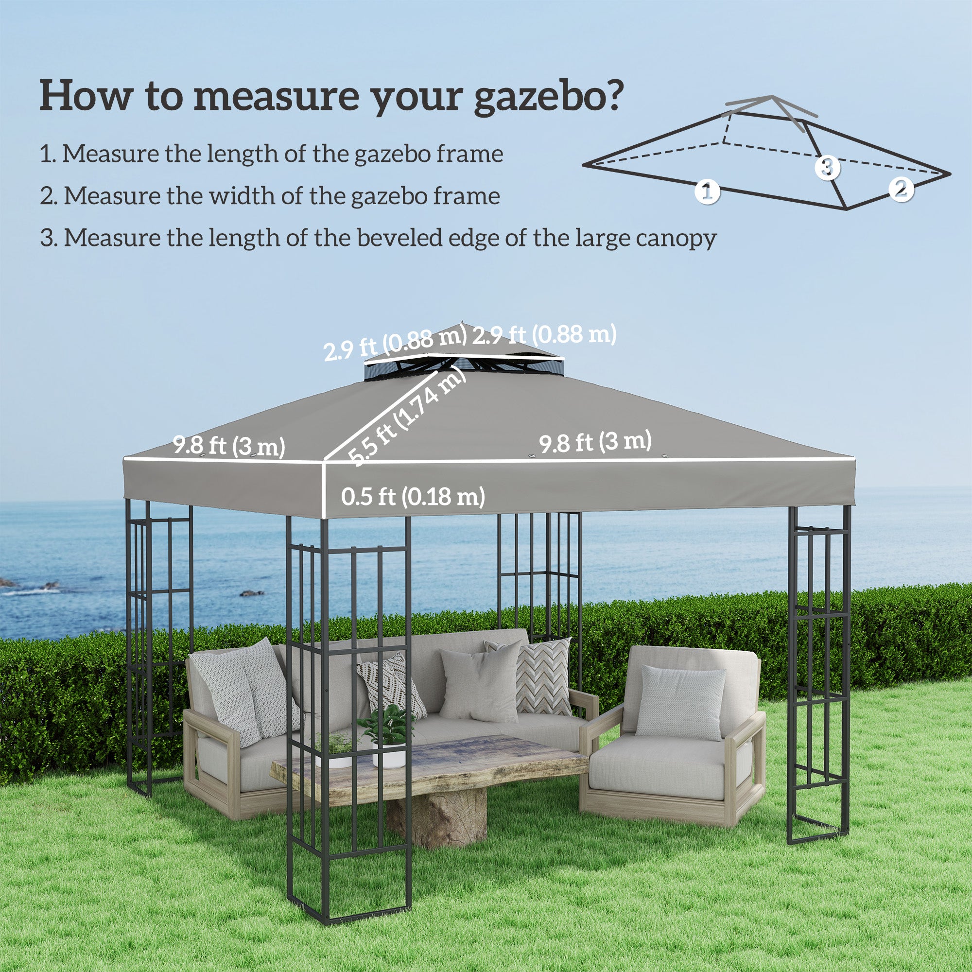 10' x 10' Gazebo Canopy Replacement Cover, 2-Tier Garden Gazebo Roof Replacement, UPF30+, TOP COVER ONLY, Grey