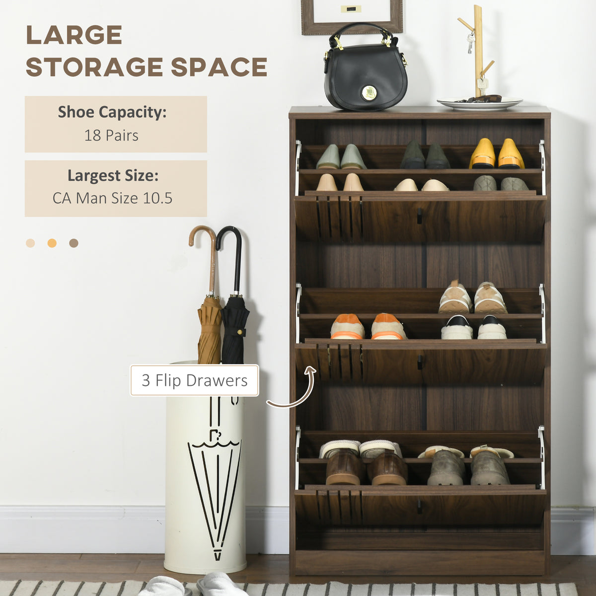 Shoe Storage Cabinet Organizer for 12 Pairs of Shoes with 2 Flip Drawers and Adjustable Shelves, Walnut
