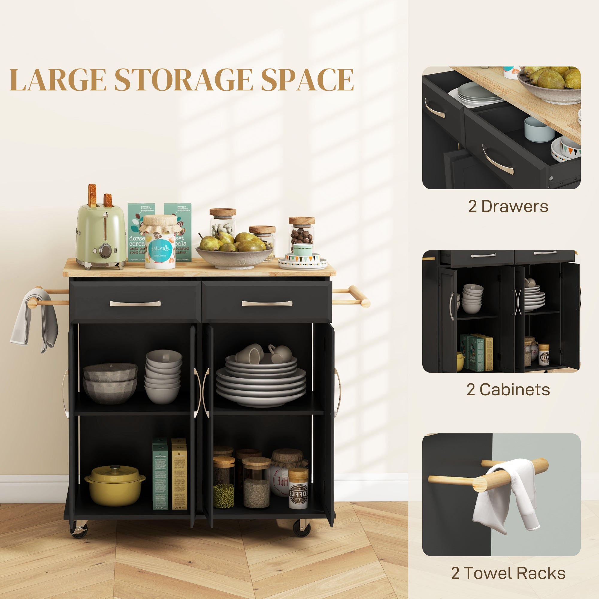 Kitchen Island on Wheels with Rubberwood Top, Rolling Kitchen Cart with 2 Drawers, 4 Doors and Adjustable Shelves