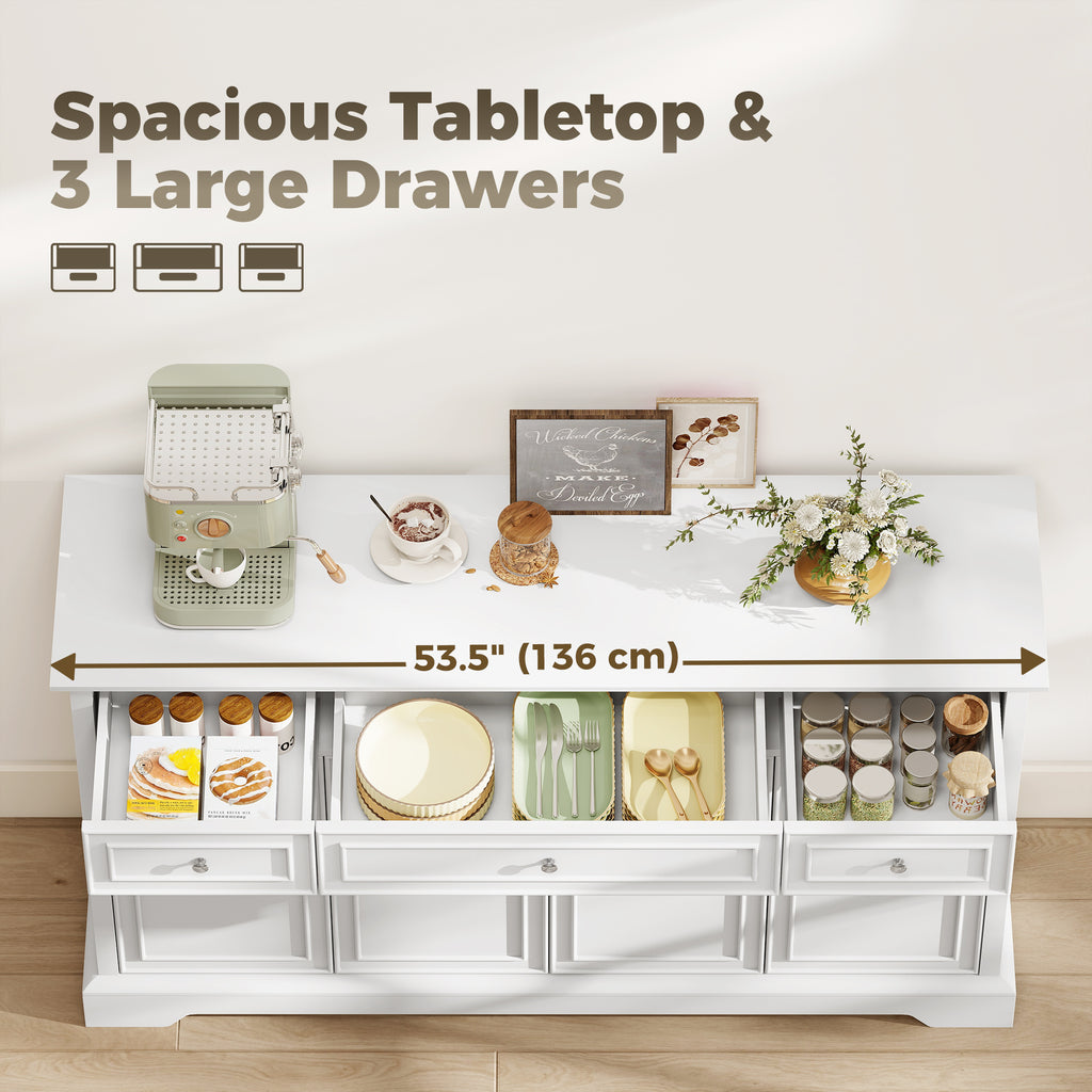 Sideboard Buffet Cabinet, 54" Kitchen Storage Cabinet with Soft-Close Doors, 3 Drawers and 2 Adjustable Shelves, White