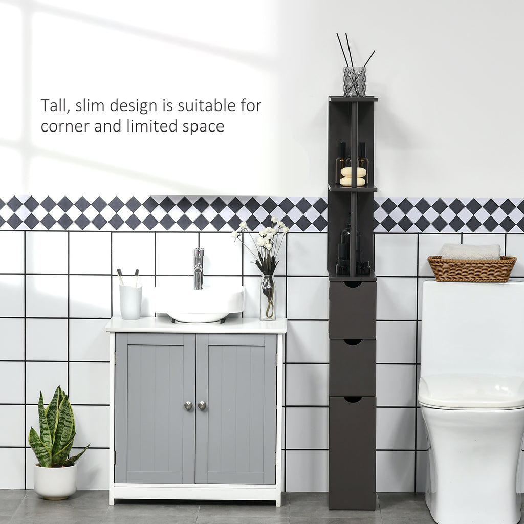 Tall Bathroom Storage Cabinet, Narrow Bathroom Cabinet with Drawers and Open Shelves for Small Spaces, Brown