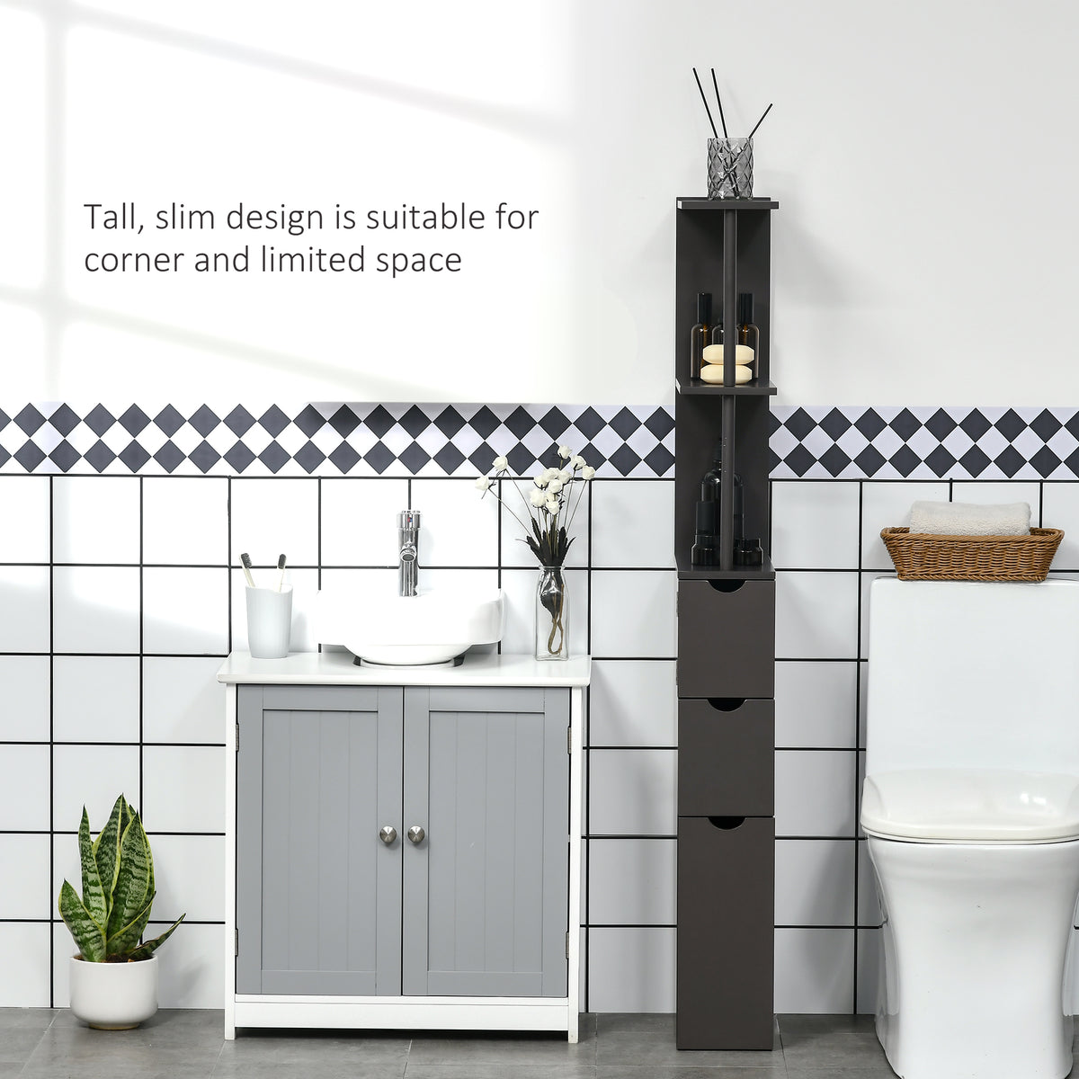 Tall Bathroom Storage Cabinet, Narrow Bathroom Cabinet with Drawers and Open Shelves for Small Spaces, Brown