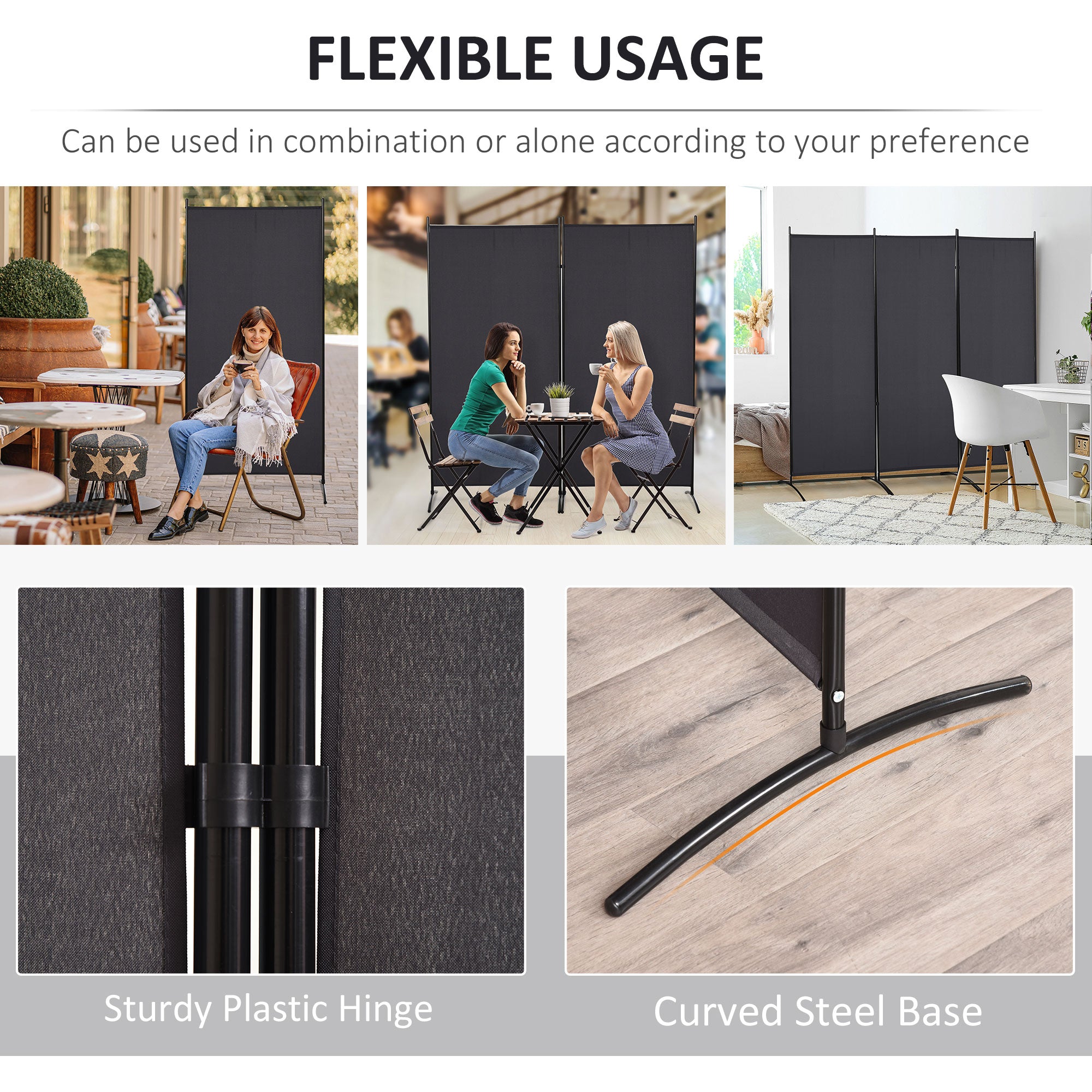 6' 3 Panel Room Divider, Double Hinged Folding Wall Divider, Indoor Privacy Screen for Home Office,  Charcoal Grey