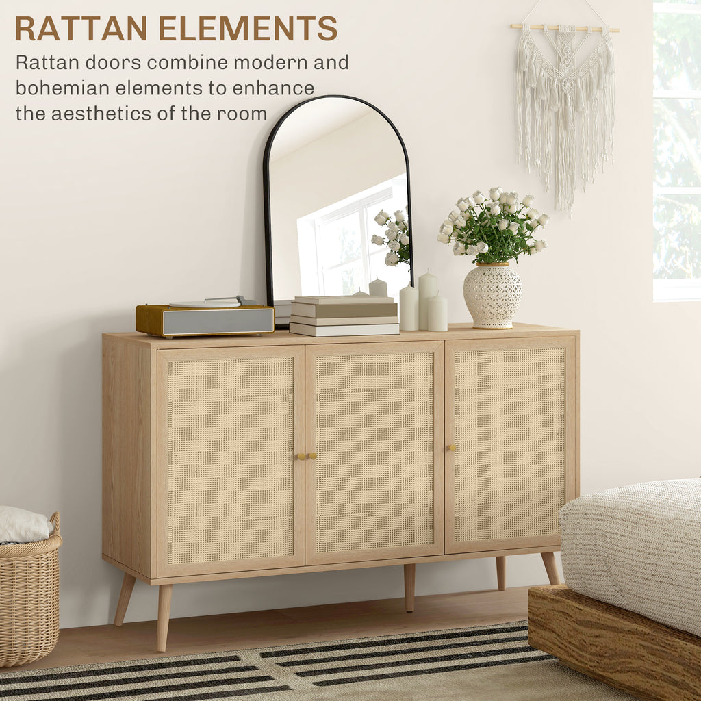 Kitchen Sideboard Cabinet, Boho Storage Cabinet with Shelves, Wood Legs, Decorative Rattan Doors, Natural