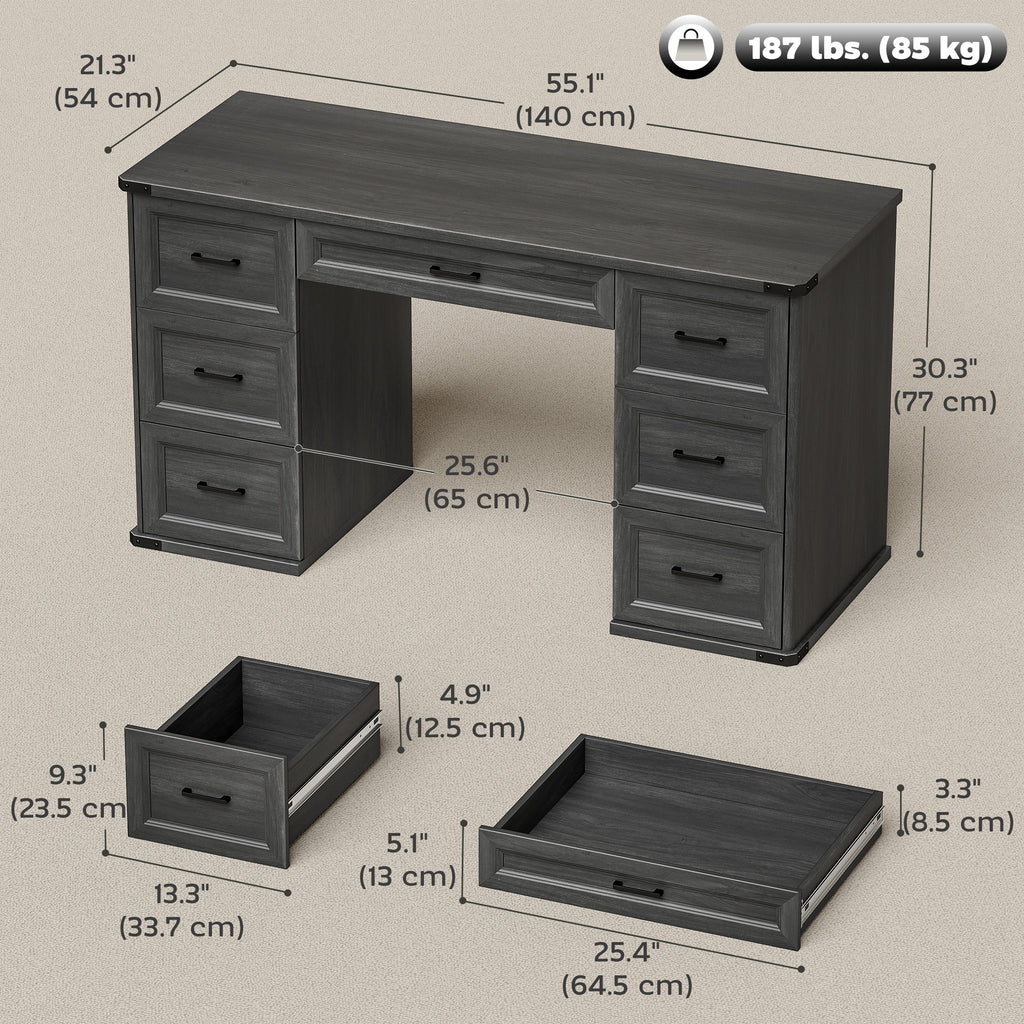 55" Computer Desk with 7 Drawers, Farmhouse Executive Desk for Home Office, Study, Bedroom, Black Wood Grain