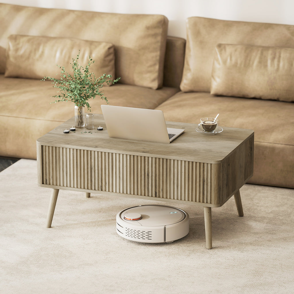 Lift Top Coffee Table with Storage, Center Table with Hidden Compartments and Pine Wood Legs for Living Room, Oak