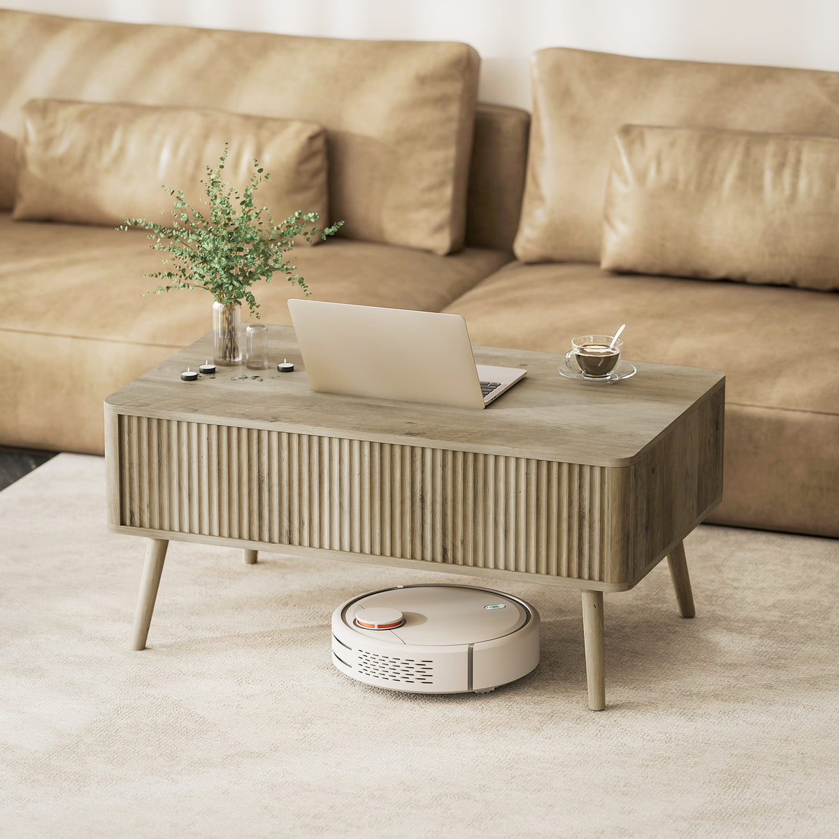 Lift Top Coffee Table with Storage, Center Table with Hidden Compartments and Pine Wood Legs for Living Room, Oak