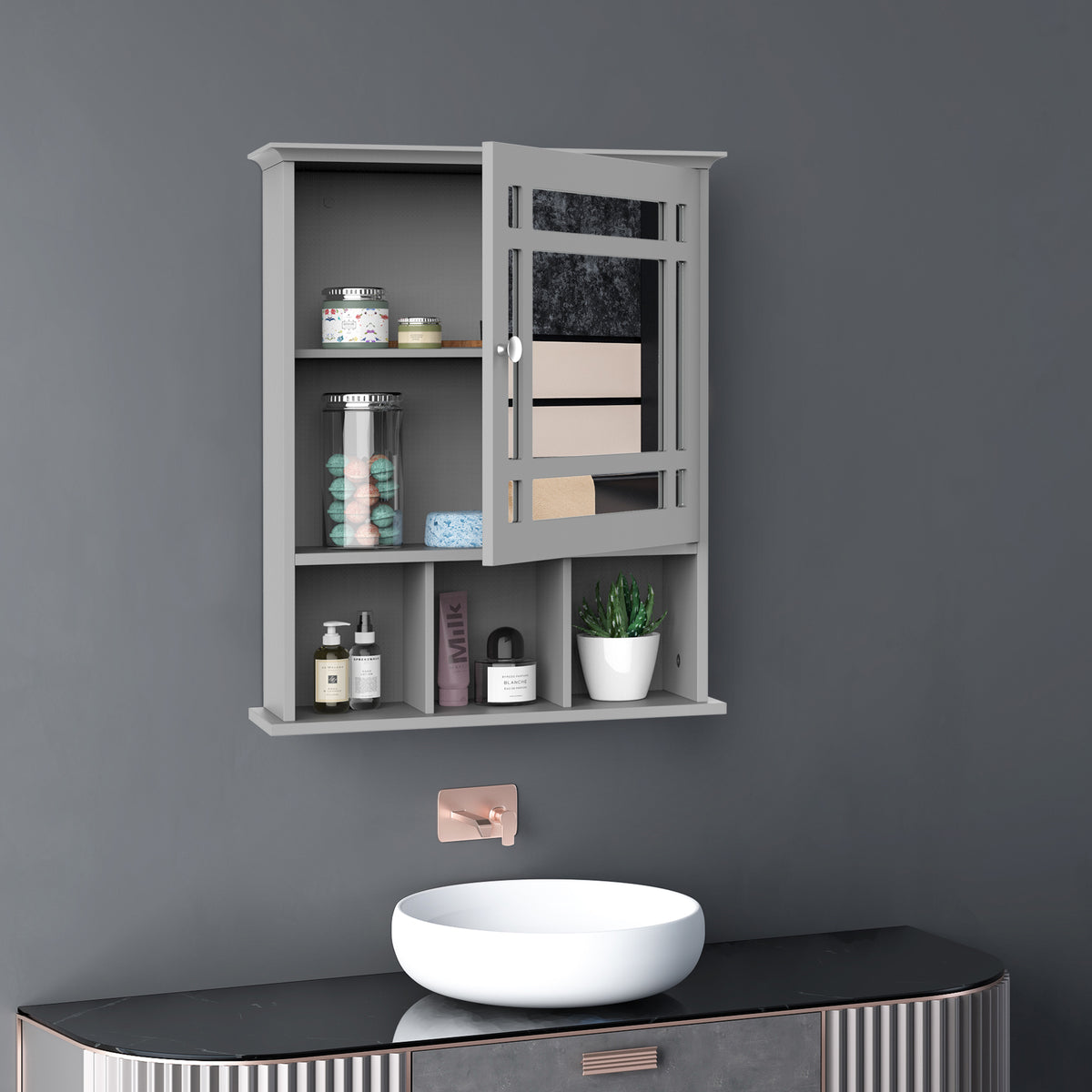 Bathroom Cabinet Wall Mount with Mirror Door 3 Shelf Organizer for Bathroom, Kitchen, Bedroom, Grey