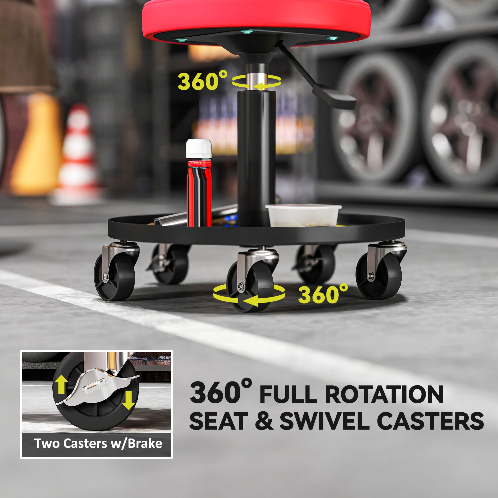 Rolling Garage Stool, 300 LBS Capacity Padded Mechanic Stool with 2.5" Wheels, Adjustable Height 15" -19.7", Red