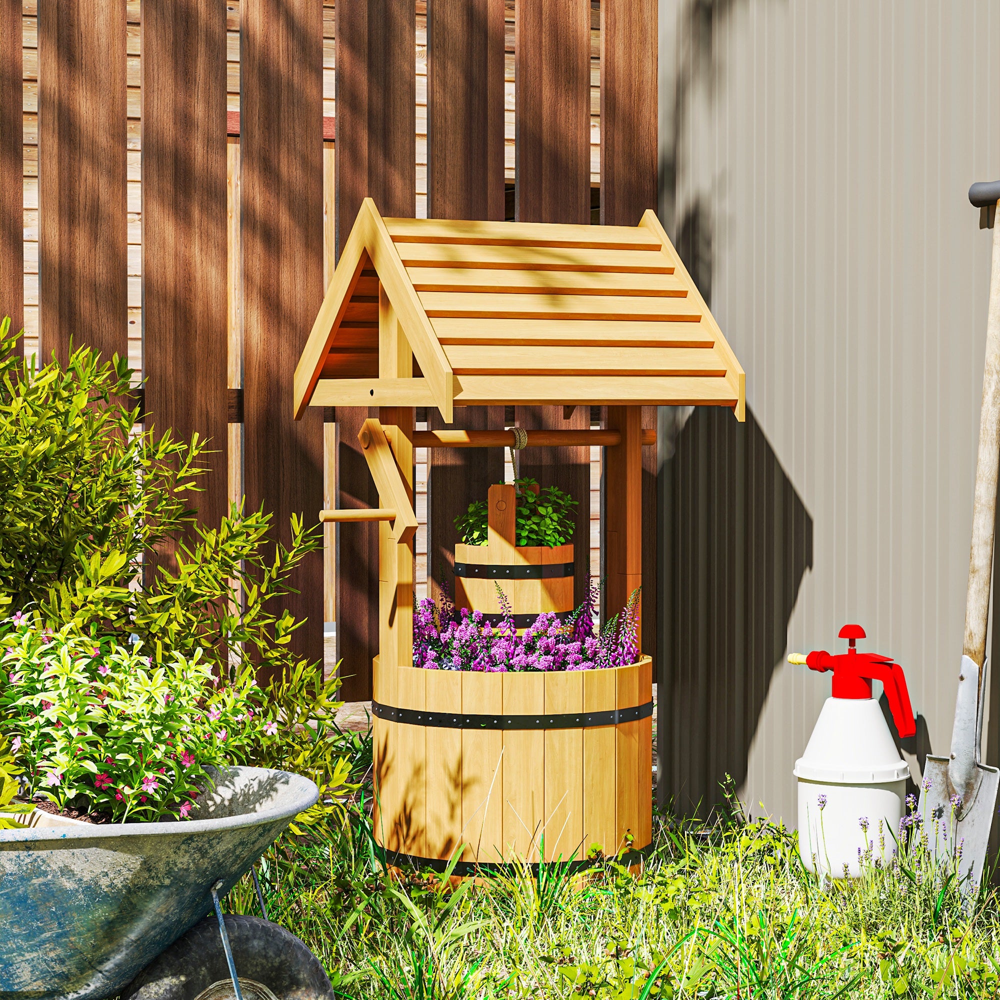 Wood Wishing Well Outdoor Wooden Planter with Hanging Bucket and Drainage Hole for Garden, Patio, Backyard, Orange