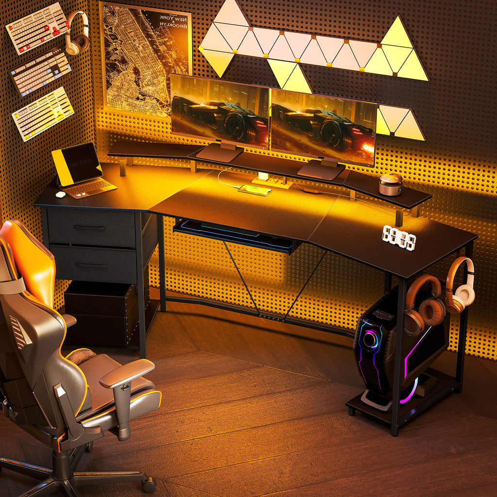 79 inch Gaming Desk with RGB Lights, Computer Table with Power Outlets & USB Ports, Keyboard Tray and 2 Drawers, Black