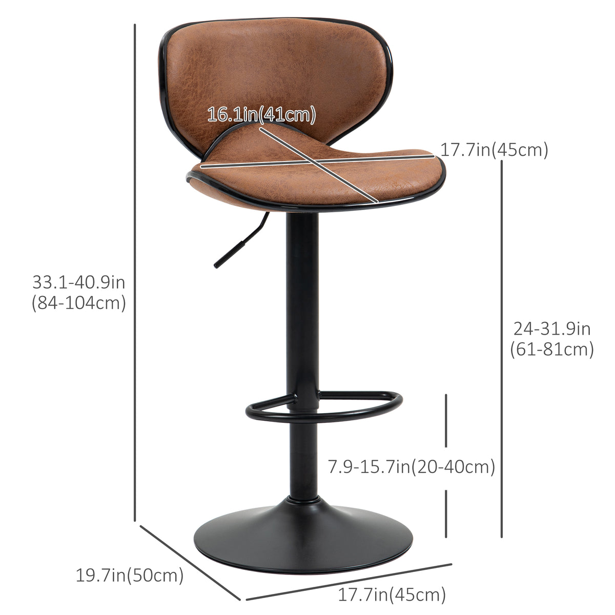 Vintage Set of 2 Microfiber Cloth Adjustable Bar Height Stools with Swivel Seat, Brown