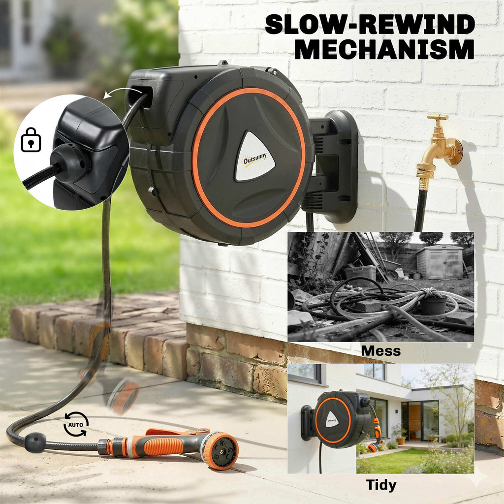 Retractable Garden Hose Reel, 1/2" x 59ft Wall Mounted Hose Reel with 12-Pattern Nozzles, Auto Retraction, Self-Locking