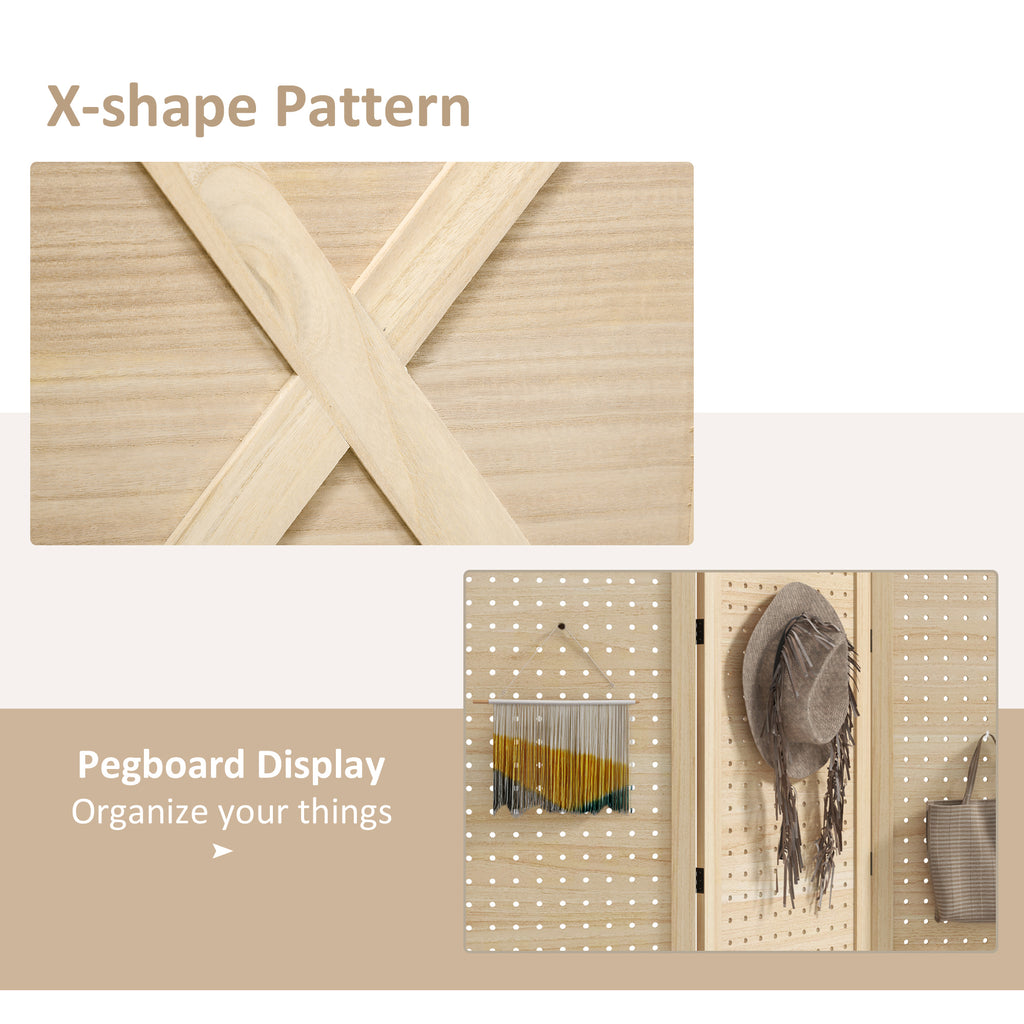 4.7' 4 Panel Wooden Room Divider with Pegboard Display, Folding Privacy Screen for Home Office, Natural