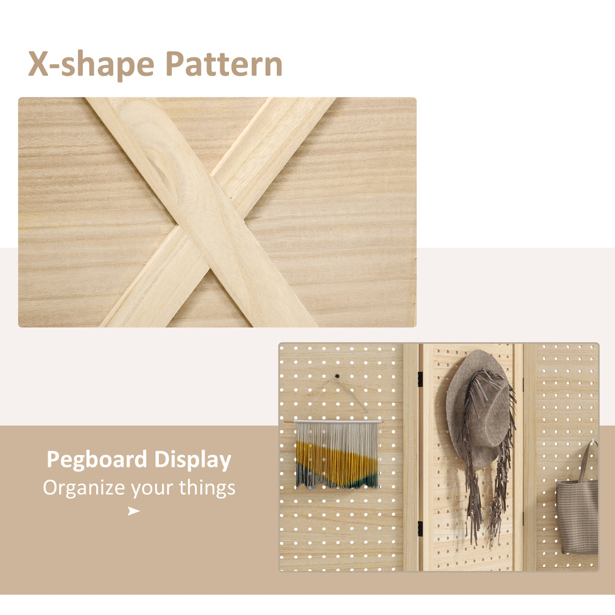 4.7' 4 Panel Wooden Room Divider with Pegboard Display, Folding Privacy Screen for Home Office, Natural