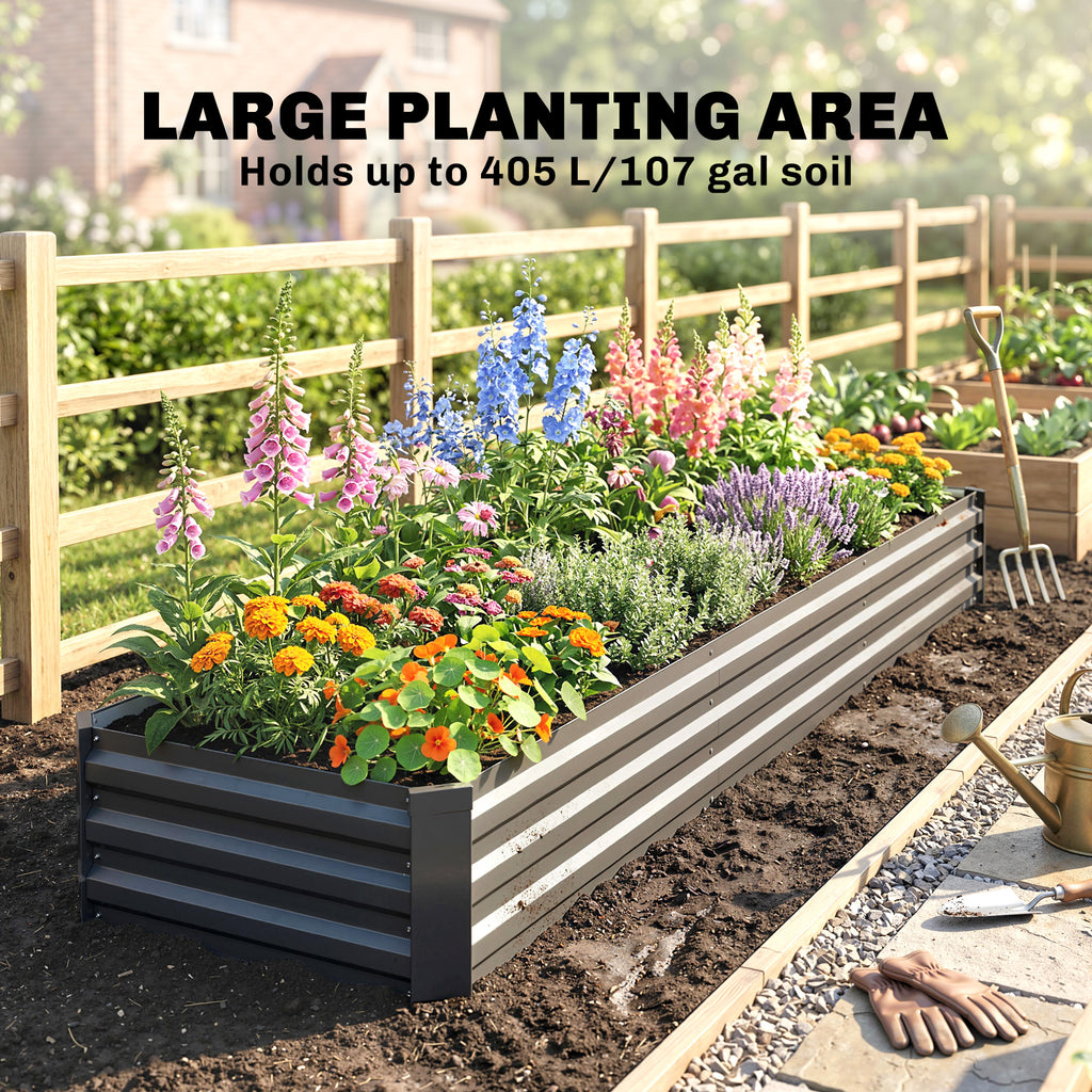 8'x2'x1' ጋልቫናይዝድ ዝተሰርሐ ልዕል ዝበለ ዓራት ምድሪ፣ ዓቢ ዝተልዓለ መትከሊ ሳጹን ንኣታኽልቲ፣ ቀመም ኣታኽልትን ኣሕምልትን ንምብቃል፣ ጸሊም ግራጫ