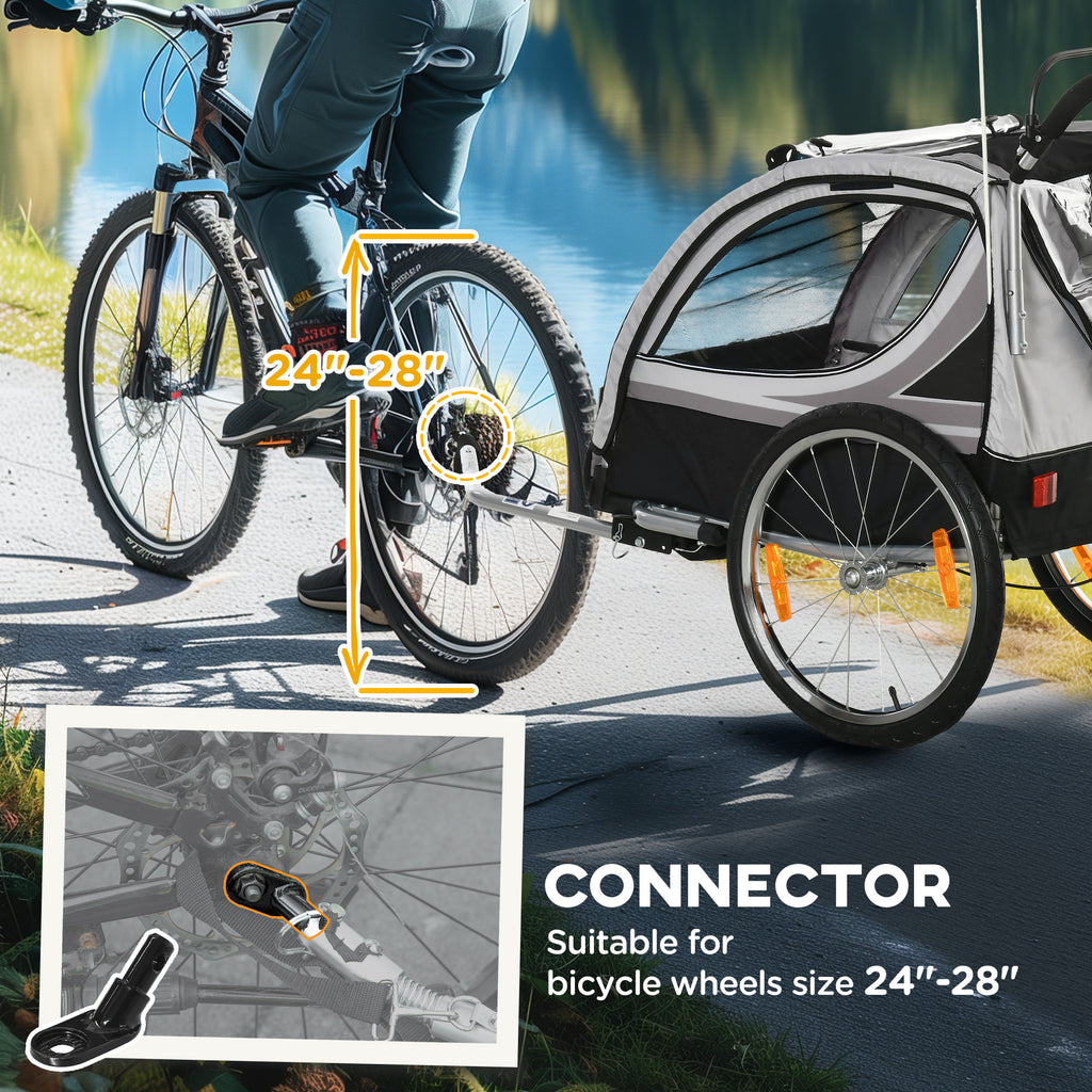 Aosom 2 Seat Bike Trailer for Kids 2-in-1 Baby Stroller with Handbrake, Rubber Wheels, 5 Point Harness, Reflectors, Grey