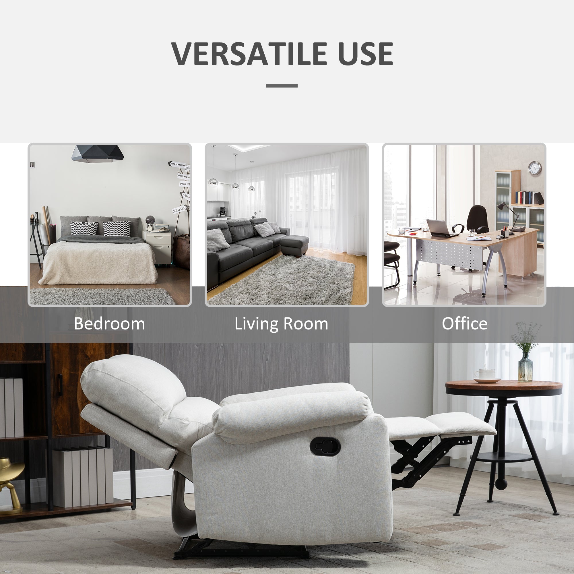 Recliner Chair, Manual Reclining Chair with Footrest, Padded Seat for Living Room, Bedroom, Study, Cream White