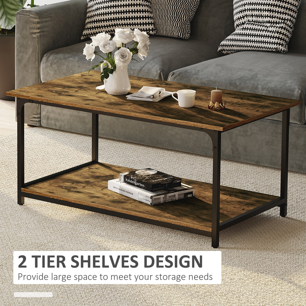 Industrial Coffee Table with Storage Shelf, 2-tier Center Table for Living Room, Rustic Brown