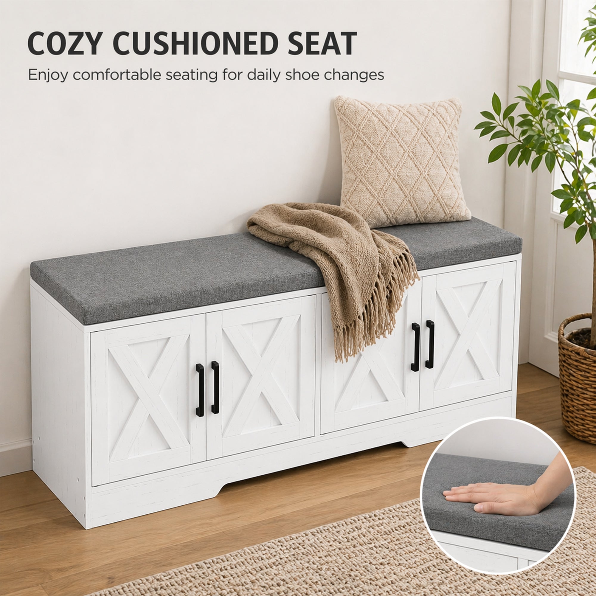 Shoe Bench with Cushion Shoe Storage Bench with Doors Adjustable Shelves for Entryway, White