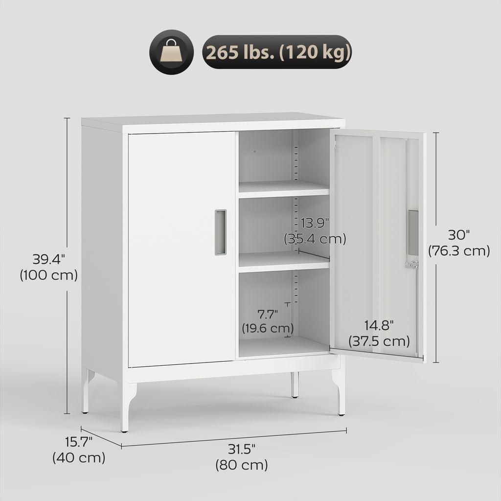 Office Storage Cabinet with Lock, Filing Cabinet with Adjustable Shelves and Doors for Home Office, Garage, White