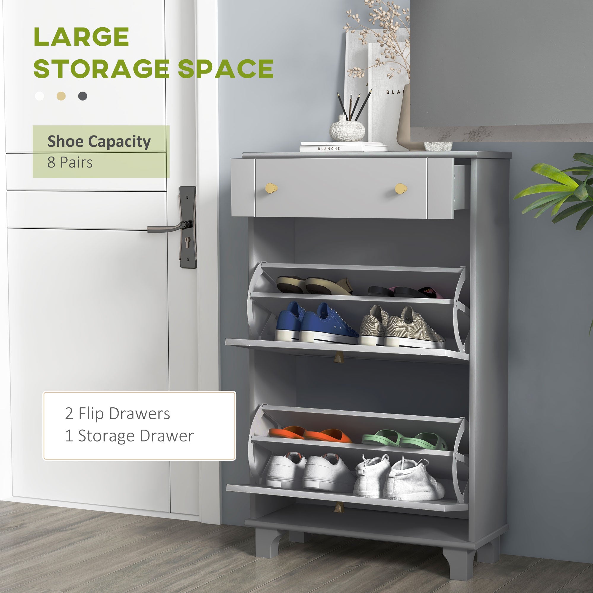 Slim Shoe Storage with 2 Flip Drawers and Adjustable Shelves Shoe Cabinet Organizer for 8 Pair,  White