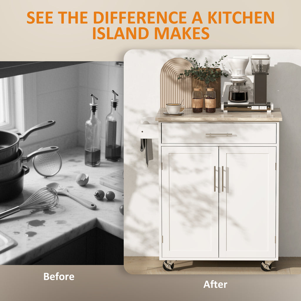 Kitchen Trolley Mobile Kitchen Island on Wheels Serving Cart Wooden Storage w/ Drawer and Towel Bar White