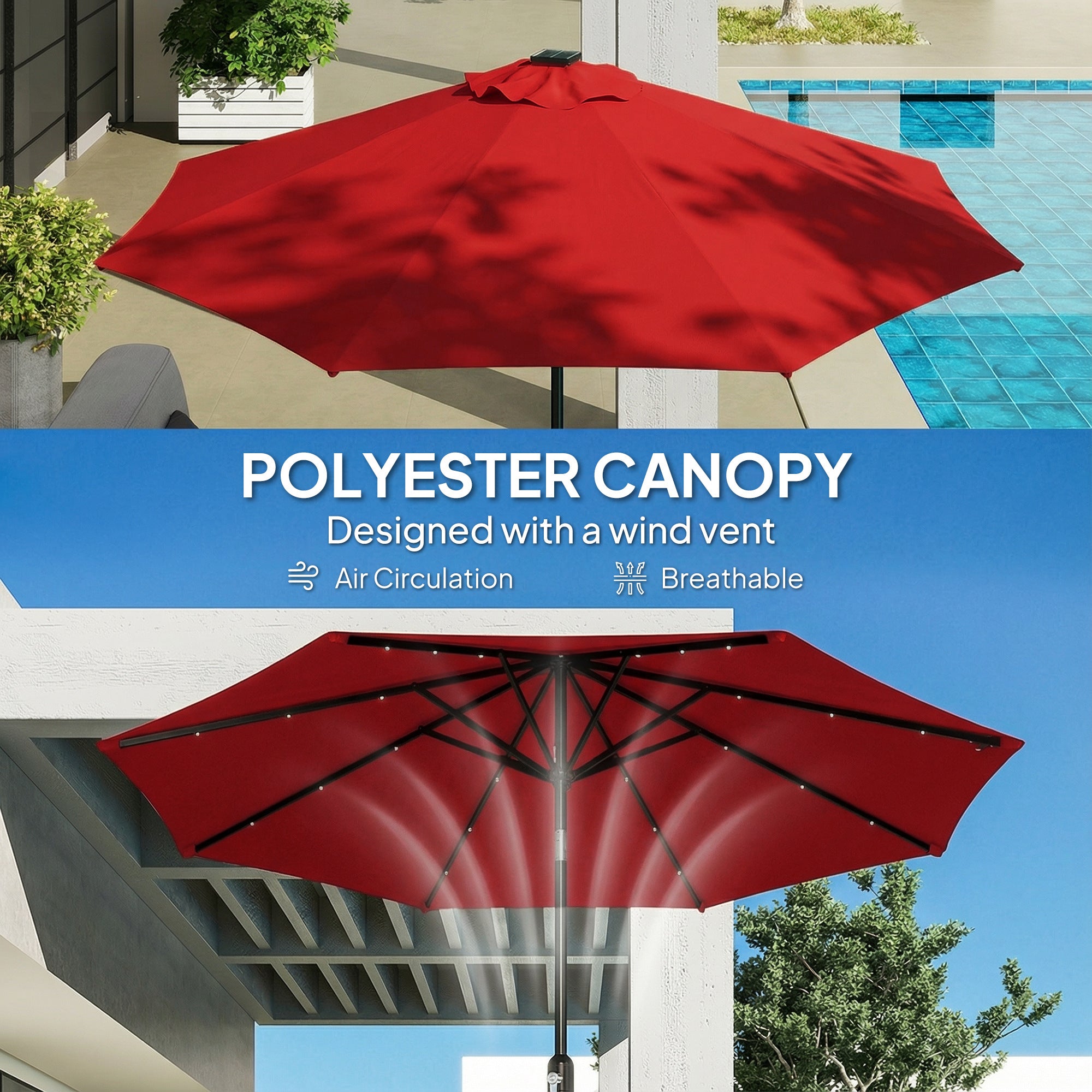 9ft Solar Patio Umbrella Outdoor Sunshade 24 LED Lights Tilt Canopy, Wine Red