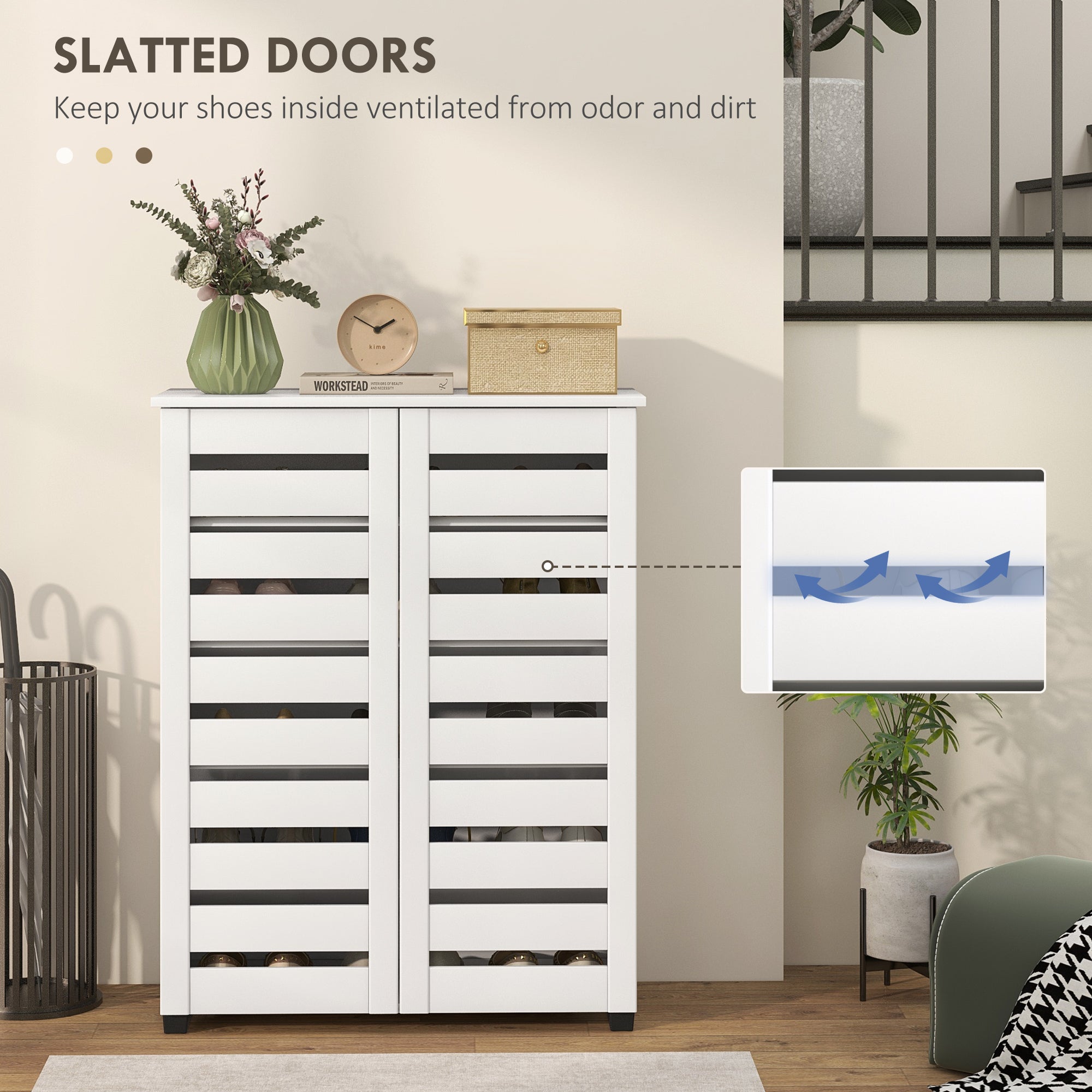 Shoe Storage Cabinet, Shoe Cabinet with 2 Slatted Doors for 15 Pairs of Shoes, Black