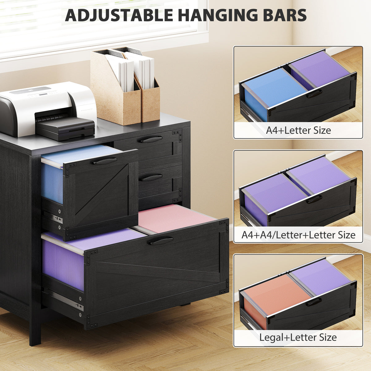 Lateral Filing Cabinet, Farmhouse File Cabinet with 4 Drawers, Fit Letter/A4/Legal Hanging Files, Black Wood Grain