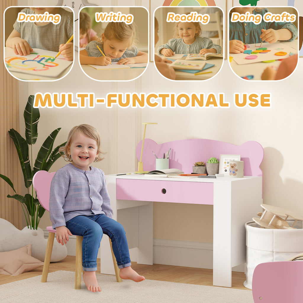 طقم مكتب وكرسي للأطفال من Qaba مع درج للرسم والقراءة، أثاث أطفال بتصميم دب لغرفة النوم، ومركز الرعاية النهارية، باللون الوردي