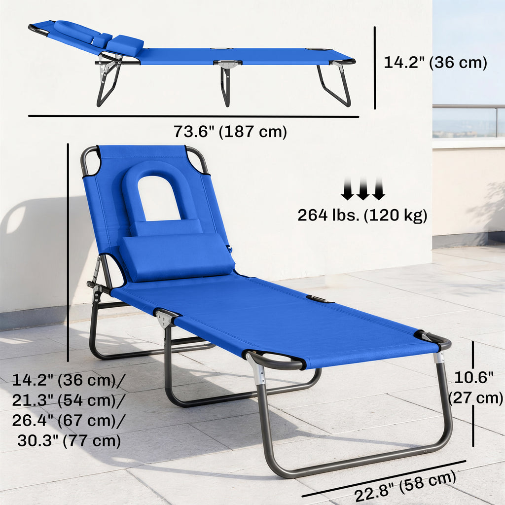 Folding Chaise Lounge Chair, Reclining Beach Tanning Chair with Face Hole, Pillow, 4-Position Adjustable Lay Flat Sun Lounger, Steel Frame for Outdoor Patio Pool, Red
