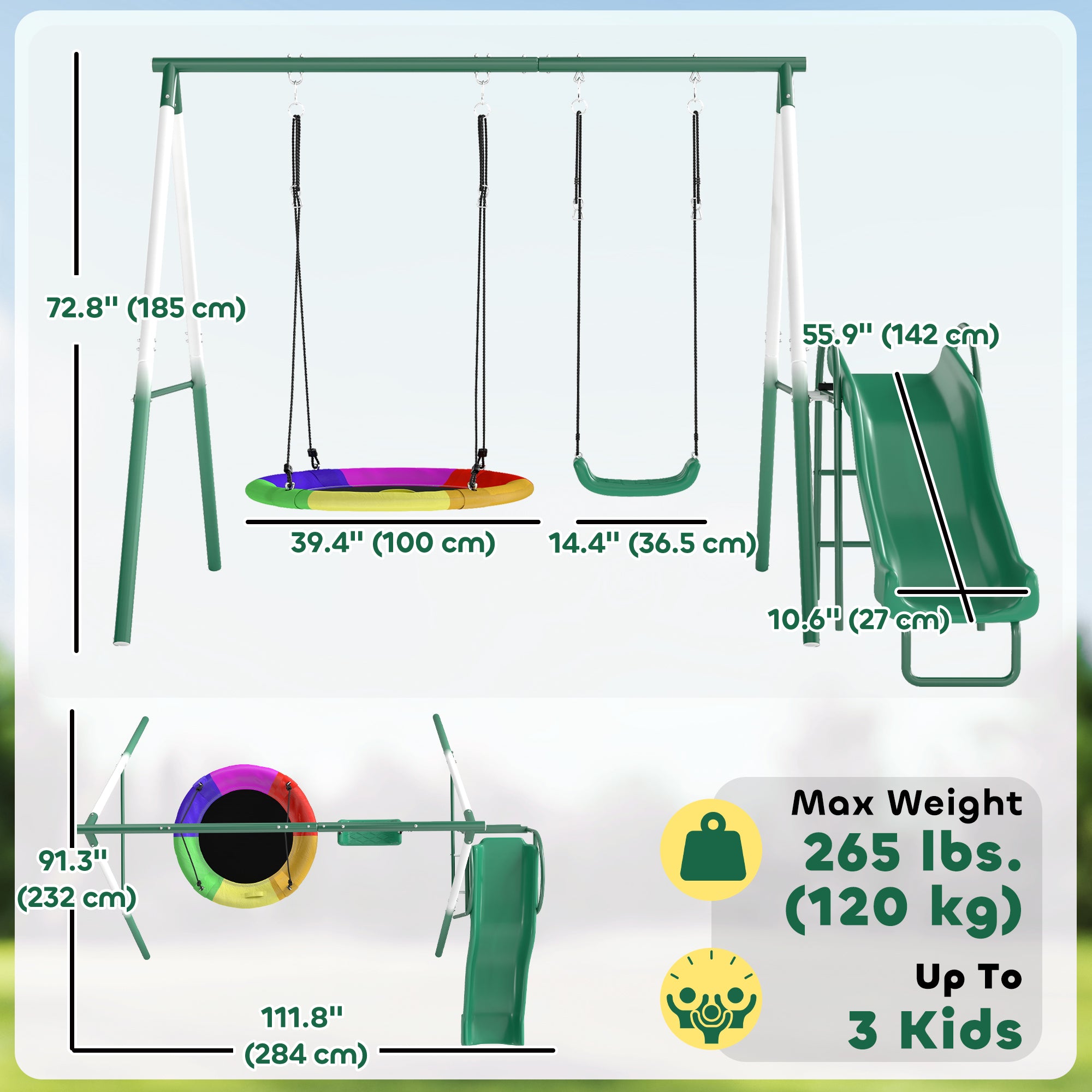 Qaba Metal Swing Set with Slide, Saucer Swing Seat, Heavy Duty A-Frame Stand and Adjustable Rope for Backyard, Dark Green