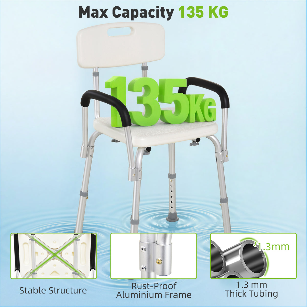 Adjustable Medical Shower Chair with Back, Bathtub Bench Bath Seat with Padded Arms, Non Slip Tub Safety for Disabled, Seniors, Elderly