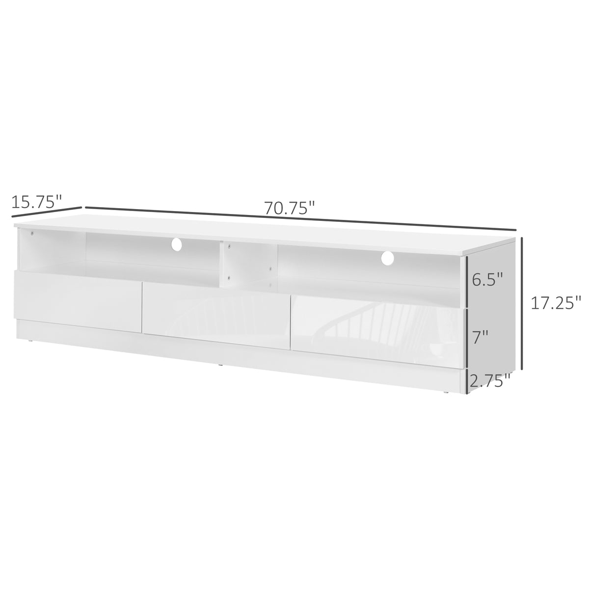 LED ብርሃን ዘለዎ ቲቪ ስታንድ ክሳብ 75" ቲቪ ዝድግፍ፣ ዘመናዊ ቲቪ ካቢኔት ምስ መደርደሪ መሳልብ ንእንዳ መዕበዪ፣ ልዑል ግላይ ጻዕዳ