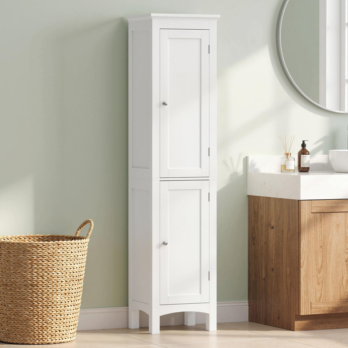 Tall Bathroom Cabinet, Freestanding Storage Organizer with Adjustable Shelves and Cupboards, 15" x 13" x 63", White