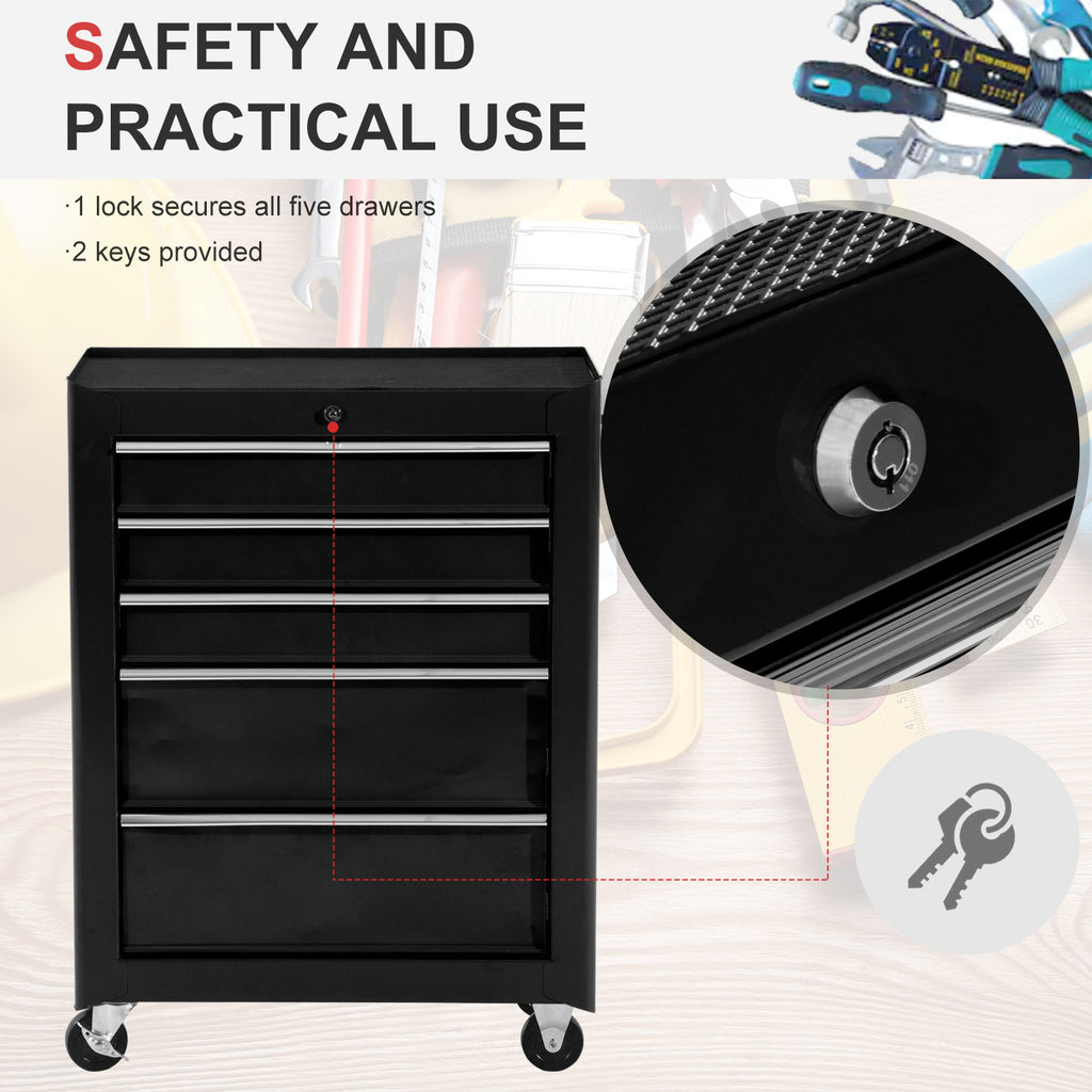 5-Drawer Rolling Tool Cabinet on Wheels, Lockable Tool Chest, Tool Organizer for Garage, Factory and Workshop, Black