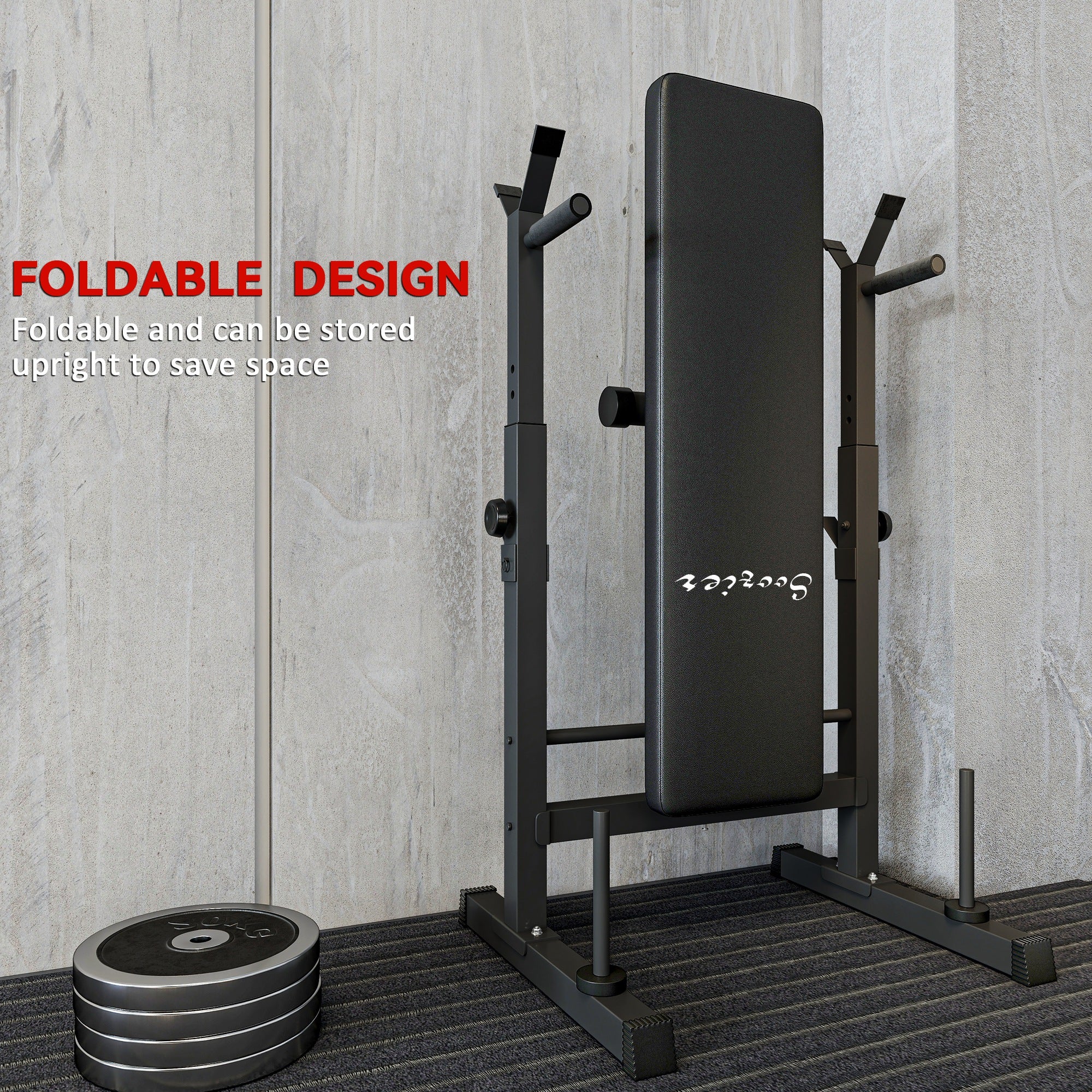 Soozier Adjustable Weight Bench, Foldable Bench Press with Barbell Rack and Dip Station for Home Gym, Strength Training Multiuse Workout Bench, Black